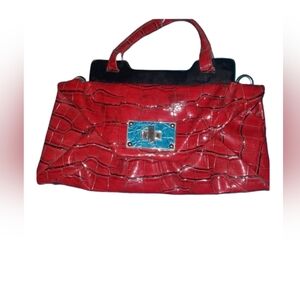 L) Red Croc Embossed Patent Leather Handbag Tote Purse
